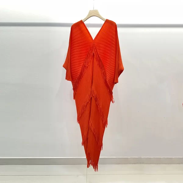 LE1564 Pleated Tassels Dress for Women V-neck Batwing Sleeves Fashion Spliced Dresses Female Clothing Boutique Casual Dress - Image 5