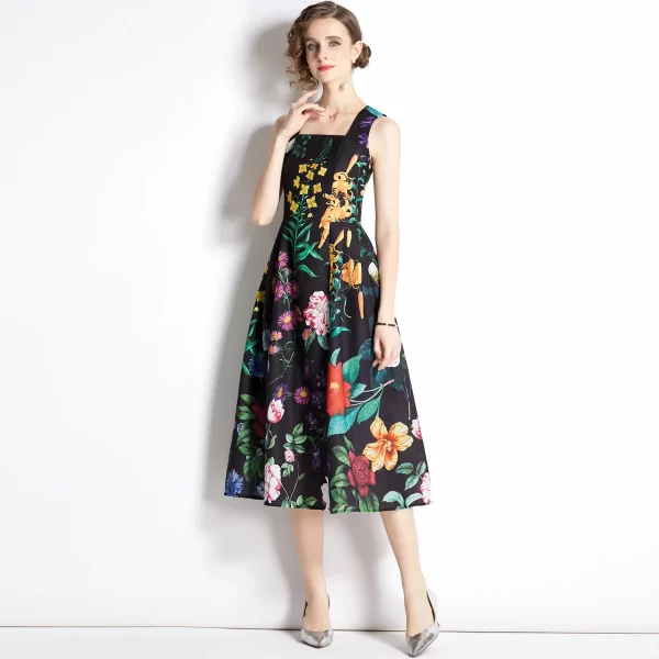 LE1489 Elegant Dress 2025 Women's New Floral Print Wide Shoulder Strap Suspender Backless Beach Holiday Mid-length Dress - Image 2