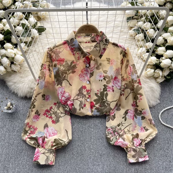 LE4025 French Vintage Printed Shirt Women 2025 Early Spring New Age-Reducing Bubble Sleeve Slim Chiffon Top