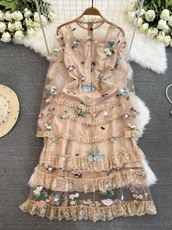 LE2131 2025 Heavy Industry Embroidery Socialite Party Women'S Long Dress Chic Fairy Mesh Stitching Lace Ruffled Midi Cake Dress - Image 4