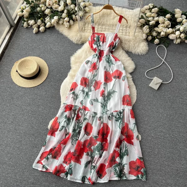 LE1467 Pastoral Style Floral Print Suspender Dress Elastic Waist Fold Retro Super Fairy Flowing Hemline Mid-Length Women'S Dress