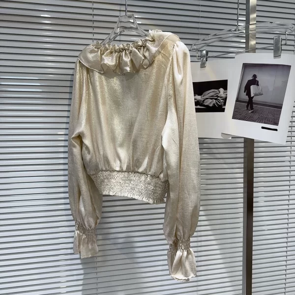 LE2058 New Small Fragrant Gold V-Neck Pleated Lace Temperament Socialite Shirt - Image 2