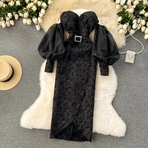 LE2148 Celebrity Banquet Dress Chic Irregular Hemline Woman'S Evening Dress Luxury Lantern Sleeve Sexy Strapless Long Dress - Image 4