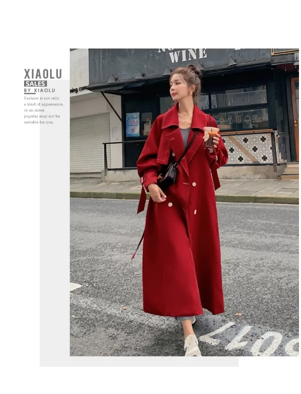 LE4568 Pure Color Trench Coat Women Spring and Autumn Fashion High-End Atmosphere Small Bright Line Long Coat - Image 5