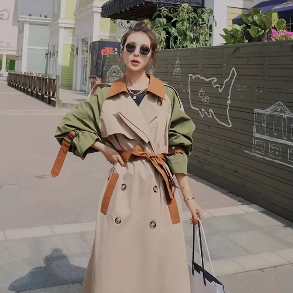 LE4573 Spliced Trench Coat Female New Autumn Long Loose Casual Popular British Wind Trench Coat - Image 3