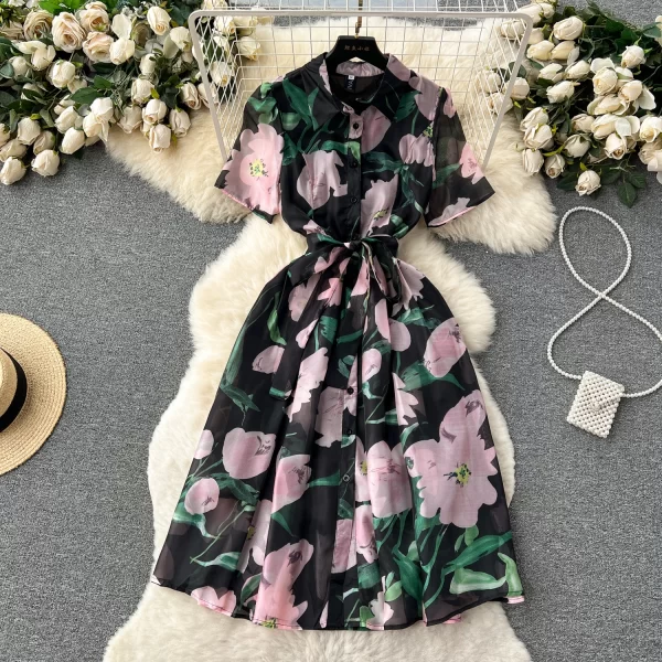 LE1921 Gentle Polo Collar Shirt Dress Female Summer Luxury Strap Waist Commuter Small Temperament Flower Print Dress