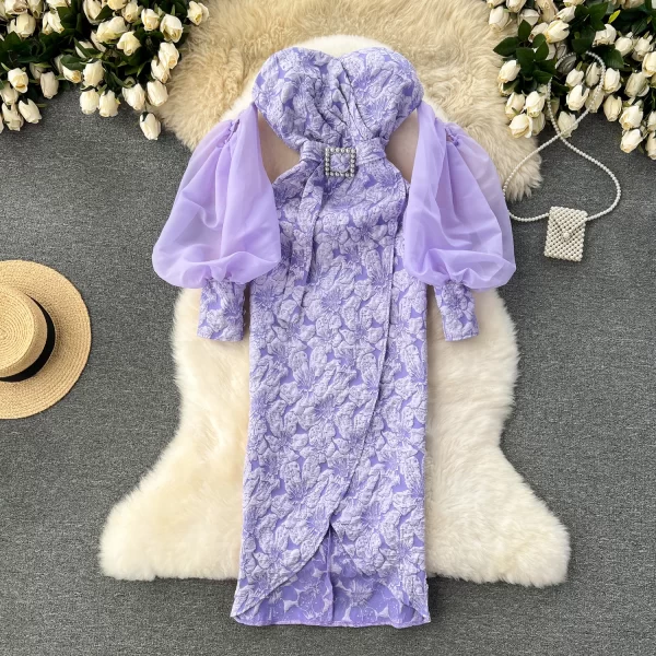 LE2148 Celebrity Banquet Dress Chic Irregular Hemline Woman'S Evening Dress Luxury Lantern Sleeve Sexy Strapless Long Dress - Image 3