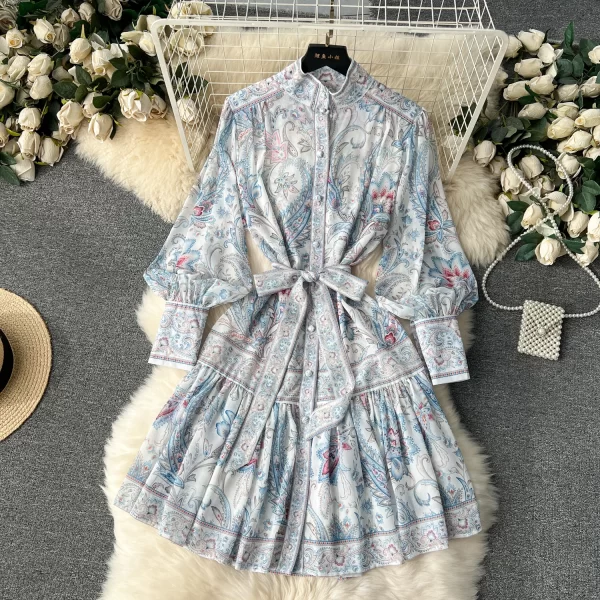 LE1905 2025 New French Court Style Dress National Style Women Print Casual Dress Lace-Up Thin Short Ruffled Elegant Dress - Image 2