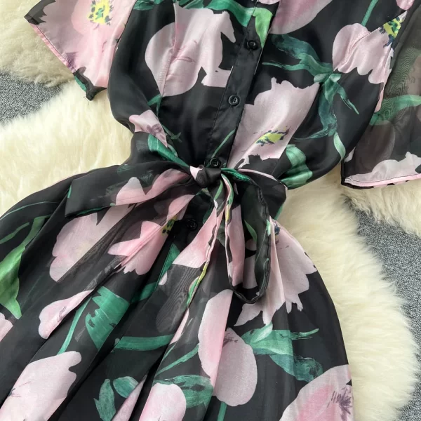 LE1921 Gentle Polo Collar Shirt Dress Female Summer Luxury Strap Waist Commuter Small Temperament Flower Print Dress - Image 4