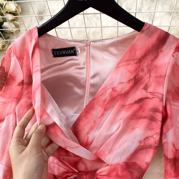 LE1914 2025 New Gentle Tie-Dye Print Dress Women Summer Fanny Pack Hip Hotsweet Dress V-Neck Sheath Midi Dress - Image 4