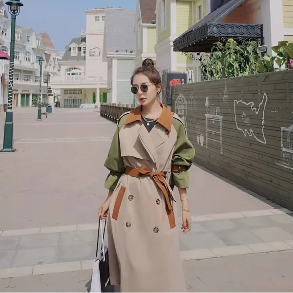 LE4573 Spliced Trench Coat Female New Autumn Long Loose Casual Popular British Wind Trench Coat - Image 4