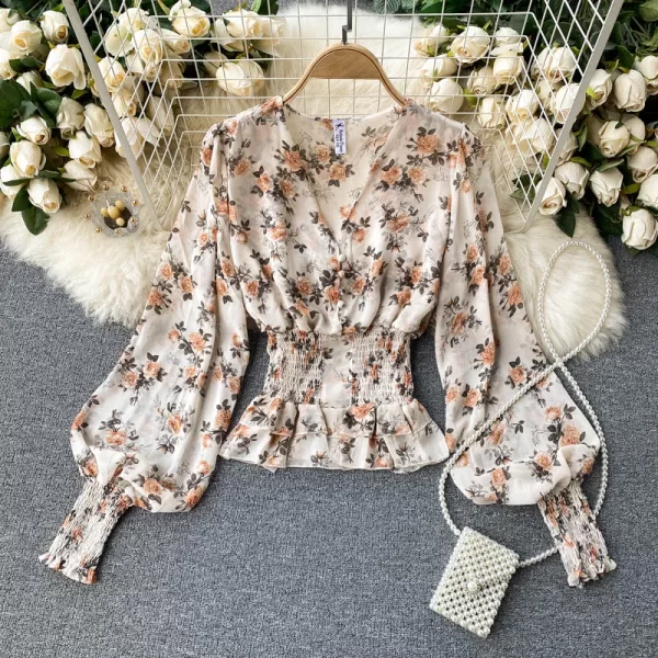 LE4015 Chiffon Long Sleeve Shirt Women'S Waist Slimming Temperament V-Neck Slim Short Puffed Sleeves - Image 3