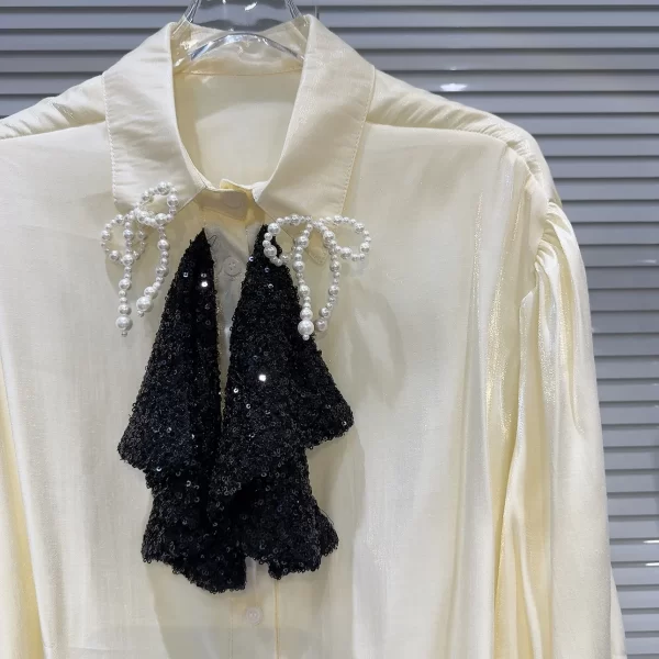 LE2048 New Small Fragrance Style Sequin Pearl Bow Embellished Solid Color Chiffon Shirt - Image 2