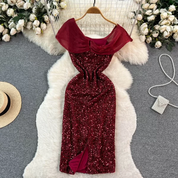 LE1458 French High-Grade Temperament Organza Splicing Sequins Strapless Dress Sexy Pencil Hip Dress Celebrity Style Dress - Image 2