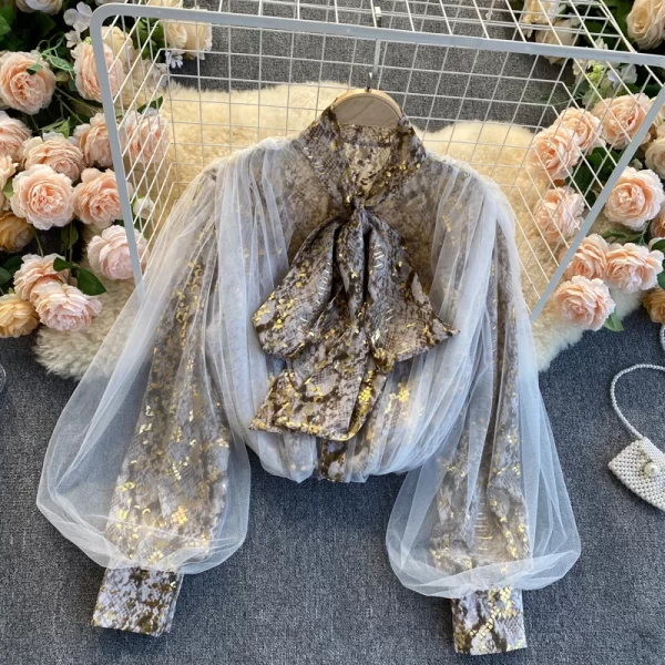 LE4040 Style Gauze Lantern Sleeve Loose With Retro Snakeskin Pattern Socialite Temperament Blouse Blouse - Image 3