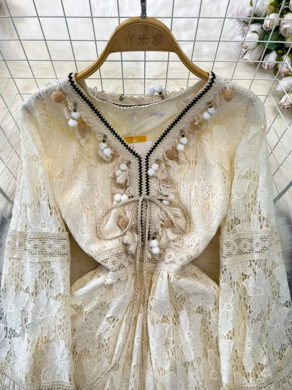 LE2133 Bohemian Embroidered Dress Fringe Lace Hook Floral Long Dress Chic Flared Sleeve Holiday Apricot Midi Women'S Dress - Image 4