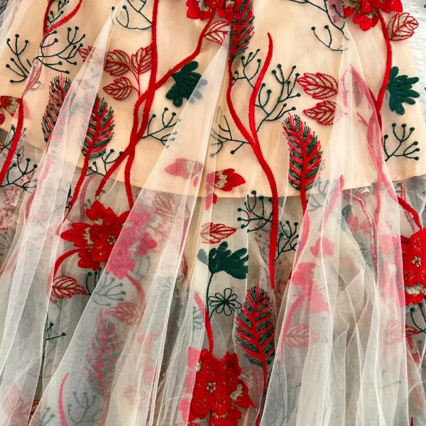 LE2134 Luxury Embroidered Women'S Long Dress Elegant Lantern Sleeve V-Neck Gauze Embroidery Dress Seaside Holiday Long Dress - Image 4