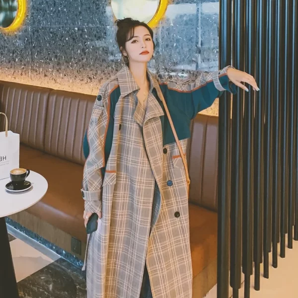 LE4546 New Medium Trench Coat Long Small Autumn Korean Version of Loose Splicing Color Contrast Temperament Coat