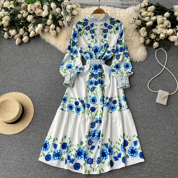 LE1453 Lantern Sleeve Floral Dress Polo Neck Lace-Up Print Gentle Wind Shirt Dress Women'S Office Holiday Wind Dress - Image 2