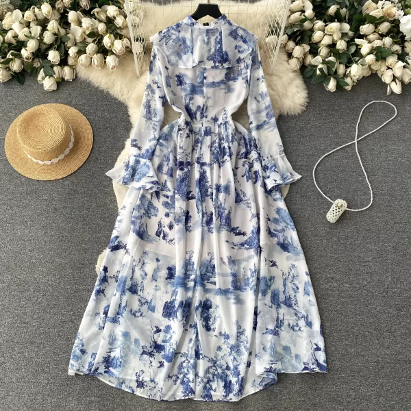 LE1913 European Ins Floral Print Chiffon Dress New French Vintage Bubble Seven-Point Sleeve Bohemian Holiday Maxi Dress Woman - Image 2