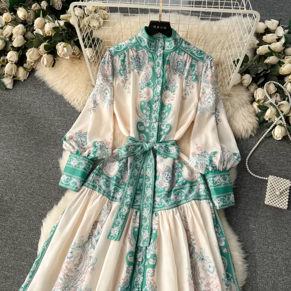 LE1902 Court Style Belted Print Dress Spring Women Design Retro Slim Long French Puffed Sleeve Dress Fashion Women'S Clothes - Image 5