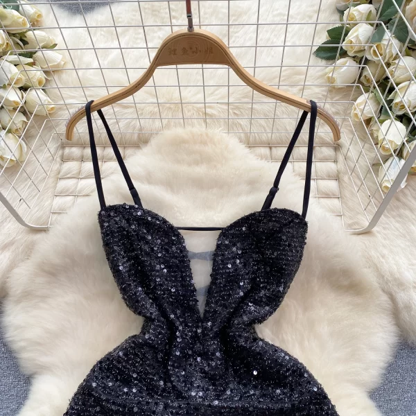 LE2151 Luxury Lace-Up Short Halter Dress Summer Sexy Socialite Party Prom Dress Deep V Sequin Halter Strap Evening Mini Dress - Image 3