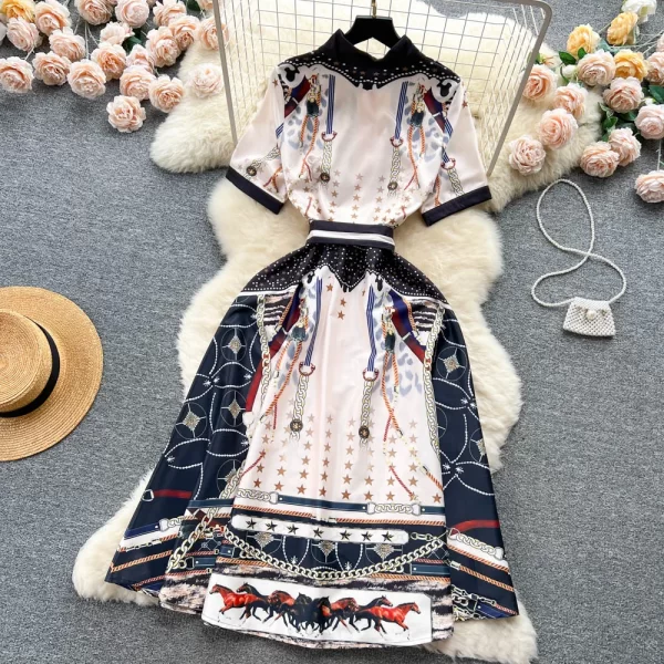 LE1658 Women New Fashion Spring Autumn Court Elegant Printing Single-breasted Thin A-Line Short Sleeve Vintage Dress - Image 2