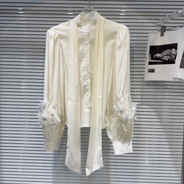 LE2045 New French Style Small Fragrance Cuff Flower Decoration Tie Solid Color Blouse - Image 2