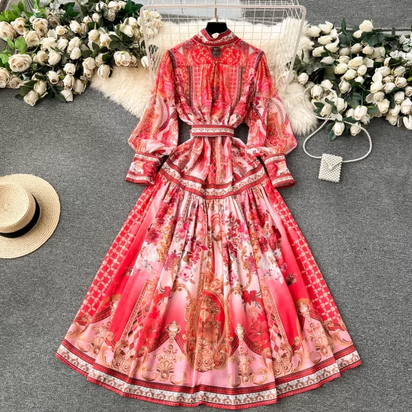 LE1936 European Vintage Court Style Print Dress Spring Office Women Belted Evening Dress Slim Flowing Hemline Long Dress - Image 2