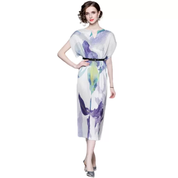 LE1475 V-neck Miyake Wrinkled Large Size Temperament Urban Women'S Dress Long Loose Butterfly Sleeve Floral Print Dress With Be