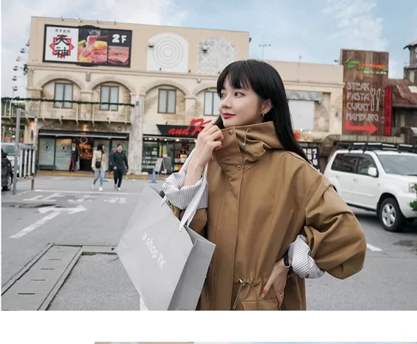 LE4556 Autumn Long Trench Coat Female Korean Version Loose Small Waist Cargo Hooded Coat - Image 2