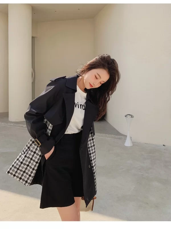 LE4557 Plaid Patchwork Black Trench Coat Female Design Sense of High-Grade Spring and Autumn British Wind Long Coat - Image 2
