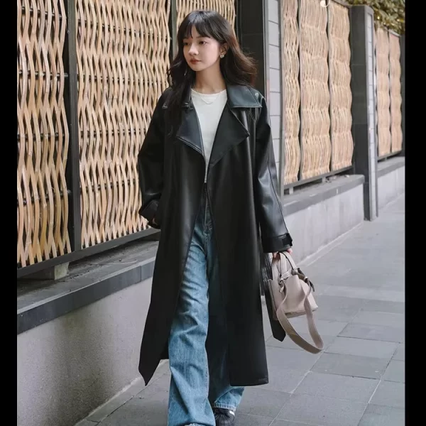 LE4548 New Autumn and Winter Leather Trench Coat Temperament Plus Fur Coat Aliexpress Foreign Trade Cross-Border