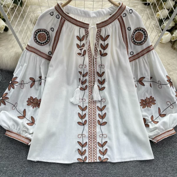 LE4035 Embroidery Shirt Ethnic Style Design Sense Fringe Long Sleeve Loose Tie Round Neck Puffy Sleeve Top for Women - Image 4