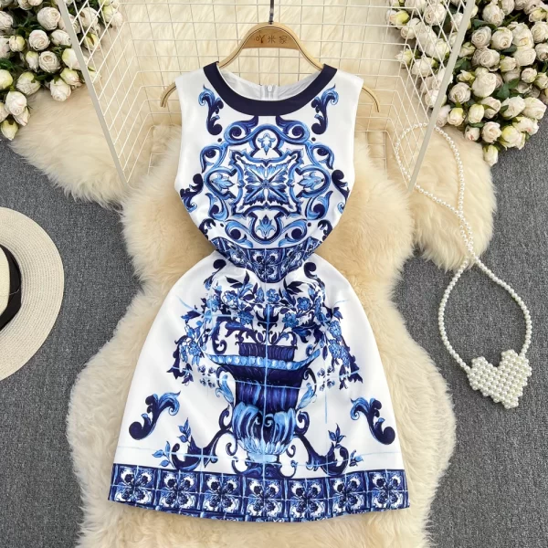 LE1514 Summer Runway Women Elegant Blue and White Porcelain Flower Printing Sleeveless High Waist a Line Tank O Neck Mini Dress