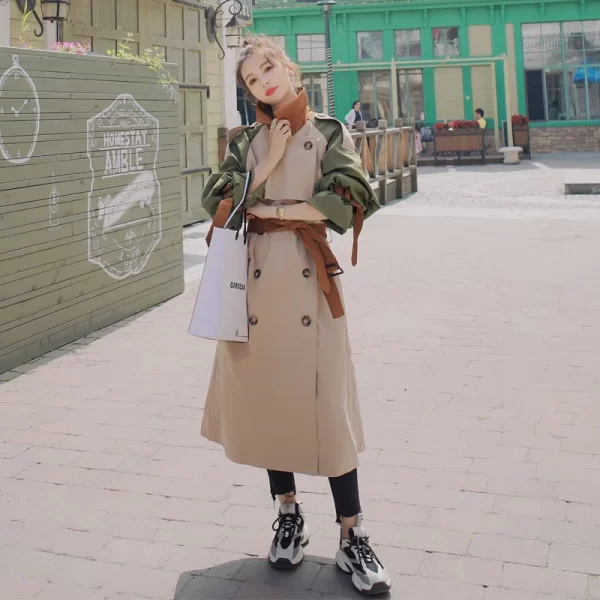 LE4573 Spliced Trench Coat Female New Autumn Long Loose Casual Popular British Wind Trench Coat - Image 2