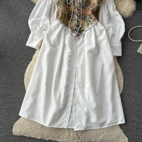 LE2067 French Court Style Bubble Sleeve Single-Breasted Shirt Dress + Halter Print Small Vest Two-Piece Set - Image 3