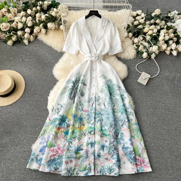 LE1935 2025 Summer Flower Series Print Dress Luxury Suit Collar Single Breasted Evening Gown Ladies Office A-Line Maxi Dress - Image 5