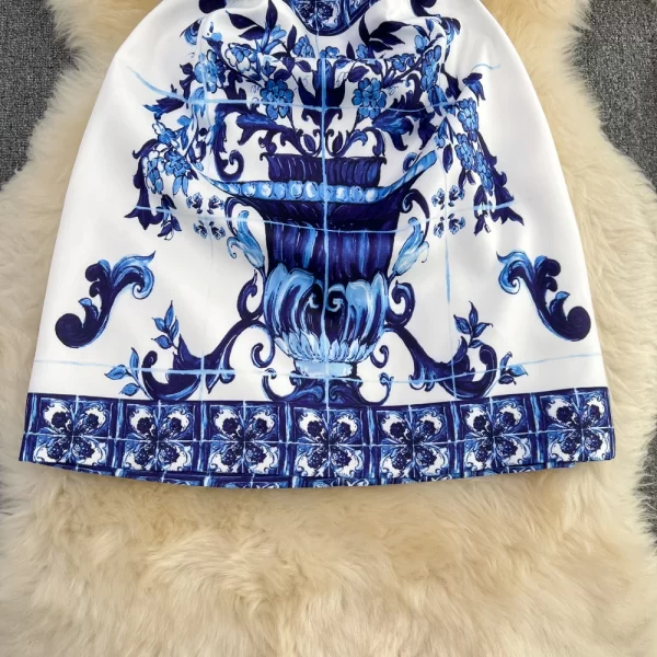 LE1514 Summer Runway Women Elegant Blue and White Porcelain Flower Printing Sleeveless High Waist a Line Tank O Neck Mini Dress - Image 4