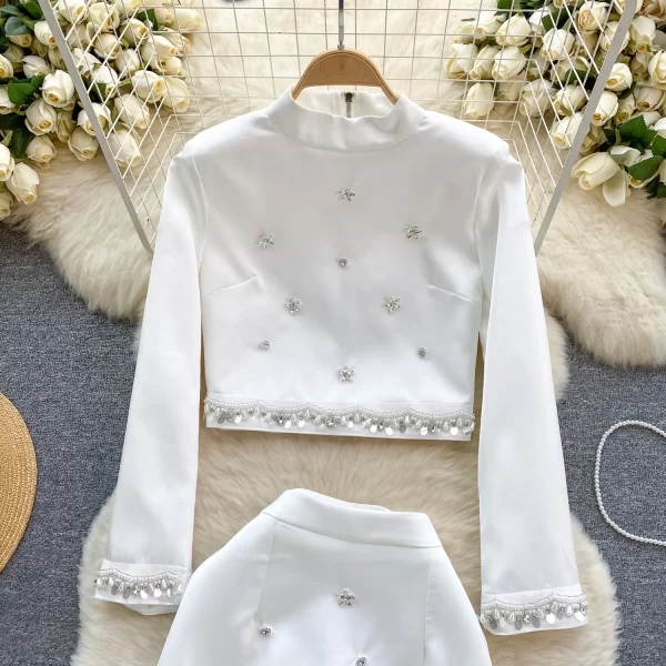LE2107 Liuyang Qianjin to Wear a Light Luxury Heavy Diamond Long Sleeve Shirt Short Skirt Temperament Two Sets of Fashion - Image 3