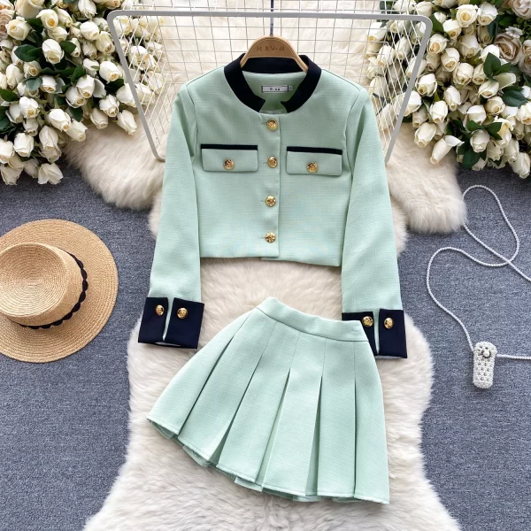 LE2074 Liuyang Qianjin Wear a Small Fragrant Wind Suit Design Sense Color Matching Cardigan + Pleated Skirt Two-Piece Set