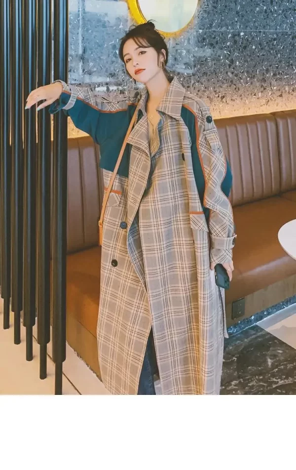 LE4546 New Medium Trench Coat Long Small Autumn Korean Version of Loose Splicing Color Contrast Temperament Coat - Image 4