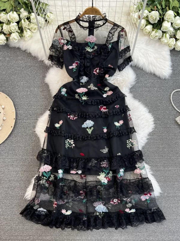 LE2131 2025 Heavy Industry Embroidery Socialite Party Women'S Long Dress Chic Fairy Mesh Stitching Lace Ruffled Midi Cake Dress - Image 3