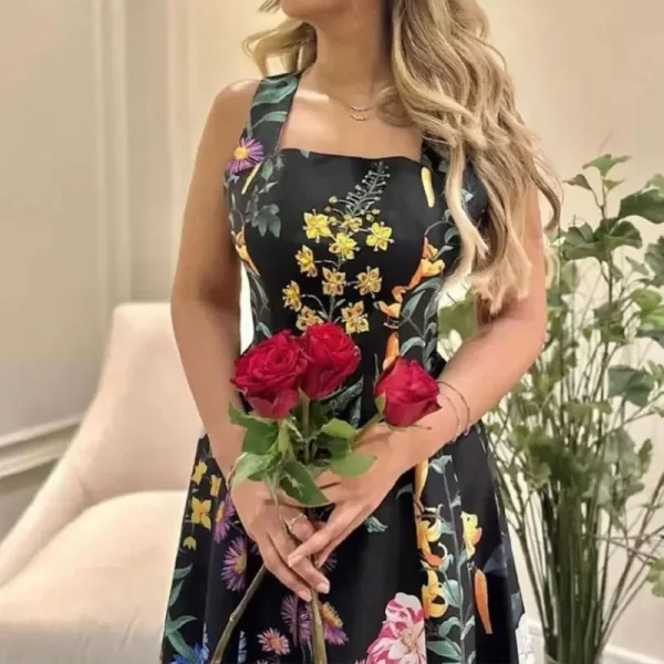 LE1470 2025 New Floral Print Halter Casual Dress Elegant End Heavy Nail Drill Backless Zipper Midi Boutique Women'S Dresses - Image 2