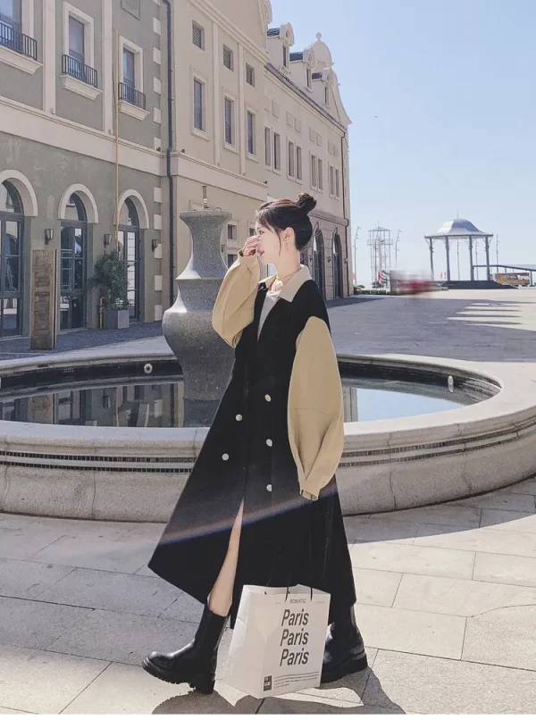 LE4562 Autumn New Design Sense Long Coat Women Trench Coat Women'S Autumn Mid-Length Over the Knee Slimming Black Coat - Image 2