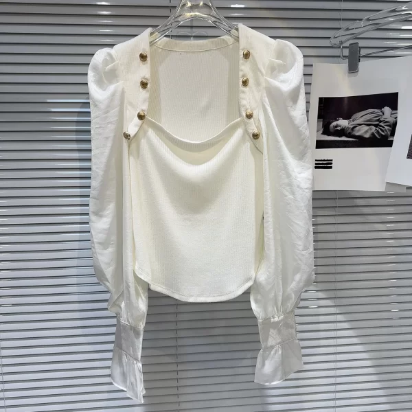 LE2049  New Style of Small Fragrant Metal Button Gauze Bubble Sleeve Low Collar Temperament Girl Little Dress