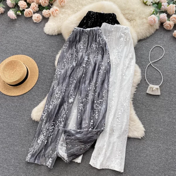Women Fashion Sequin Long Trousers High Waist Wide Leg Pants Lady Street Wear Casual Pants