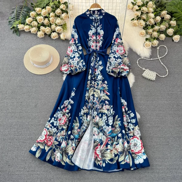LE1930 Court Style Printed Dress Lantern Long Sleeve Standing Collar Maxi Dresses Woven Belt Elegant Ladies Long Evening Dress