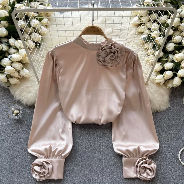 LE4039 French Shirt Women Three-Dimensional Flower Long-Sleeved Temperament Satin Shirt Spring New Top Everything - Image 4