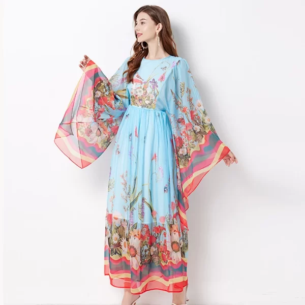 LE1530 Classic Art Pattern Dress Classical Crew-Neck Flared Long-Sleeved Loose Print Dress Tensilk Holiday Folded Maxi Dress